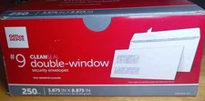 Office Depot #9 Security Double-Window Clean Seal White Envelopes 250ea -NEW!