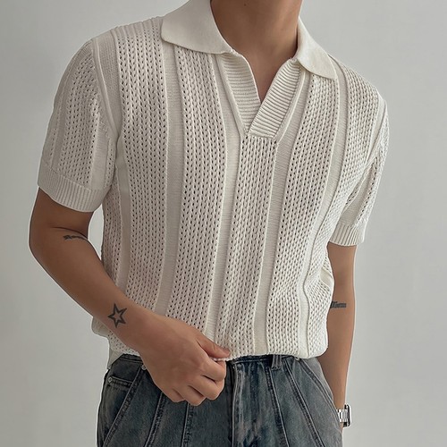 Maglietta Uomo In Lattice Lucido Anni '70 - Stile Disco | Slim Fit | Maniche Corte | Per Festa E Tempo Libero - Foto 3