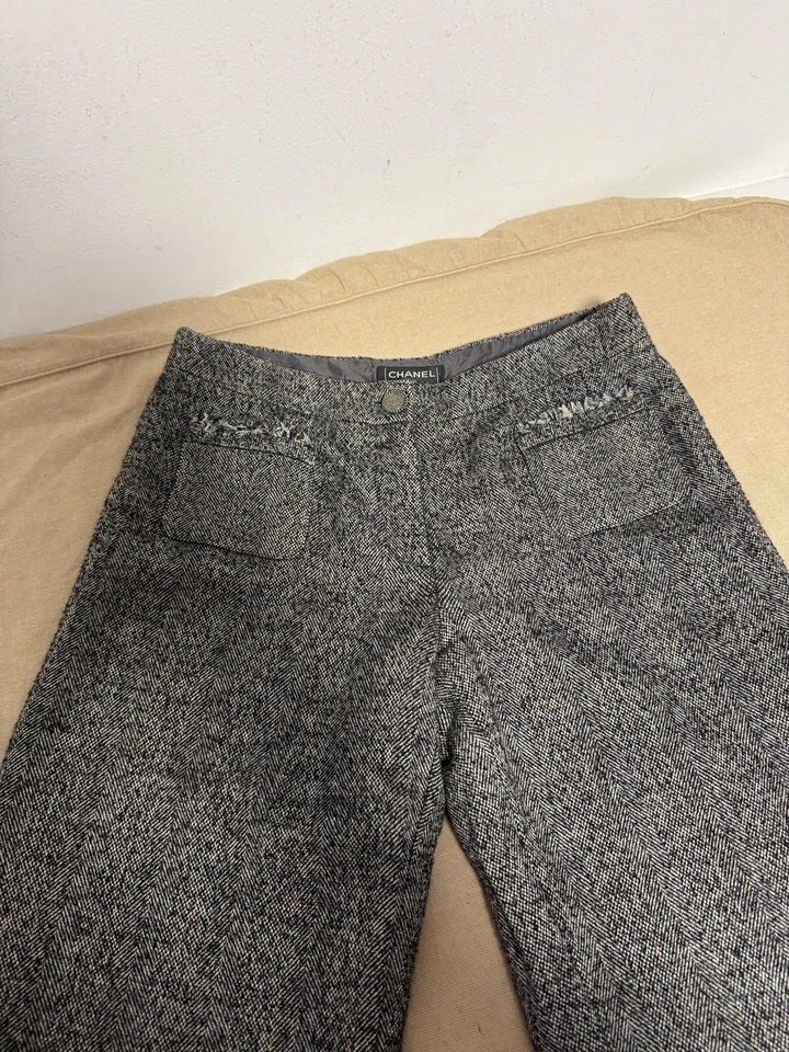 Винтажные женские брюки Chanel FR 38 серые в елочку твид сделано во Франции шелк 00s - Изображение 4 из 4