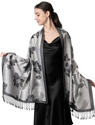  Reversible Paisley Pashmina Rave Scarf – Exotic Indian Floral Silver Grey