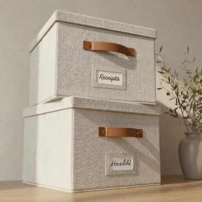 Decorative File Organizer Set of 2 - Collapsible Linen Filing Cabinets with H...