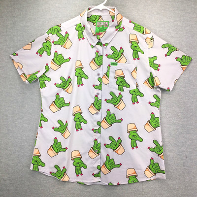Dixxon Shirt Women XL Gray Green Floral Button Up Radical Root Party Cactus