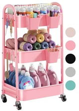 3 Tier Rolling Storage Cart Metal with Wheels Pink Three Tiered Craft Organizer