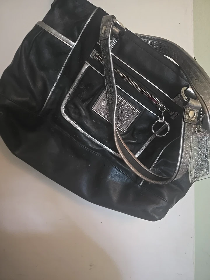 Coach Poppy Large Black/Silver Metallic Leather Satchel Purse Bag G0967-14370 - Image 4 of 4