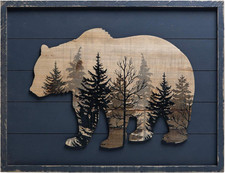 Charming Framed Bear Forest Wall Art - Cabin Decor, 21" x 16", Gray