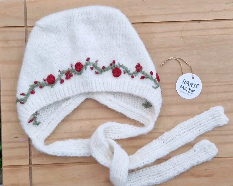 Knitted Warm Baby Bonnet 24 Months/Alpaca&Merino Off white Embroidered BESPOKE
