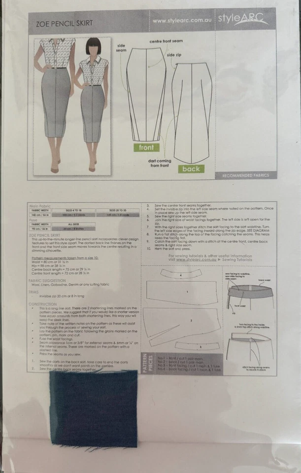 STYLE ARC Sewing Pattern Pencil Skirt ZOE Size US 20 AU 24 Uncut - Image 2 of 2