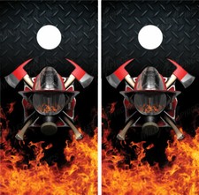 Firefighter Helmet Fire Flames Diamond Plate Cornhole Board Decal Wrap Wraps
