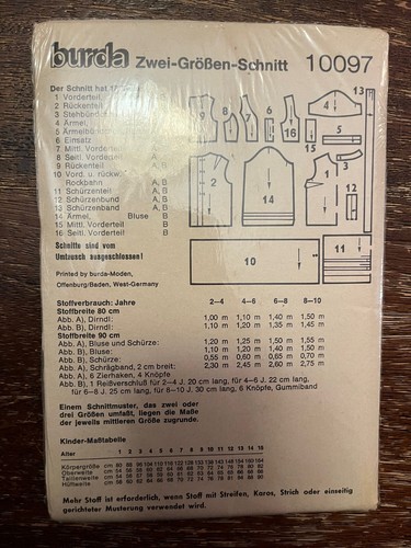 Burda 10097 UNGESCHNITTEN Nähmuster, Mädchen deutsches Kleid, Dirndl, Größe 6-8+8-10 - Bild 2 von 2