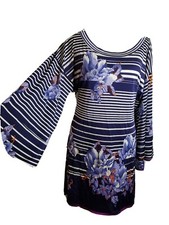 FOLEY Small women dress SILK BELL SLEEVE floral striped mini shift purple