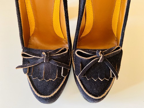 Fendi Women's Black Suede Platform Close Toe Pumps With Yellow Heels Size 37 7 - 第 3/12 張圖片