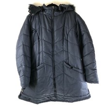 Catherines Womens Puffer Coat Hooded Faux Fur Trim Pockets Zip Navy Blue Size 0x