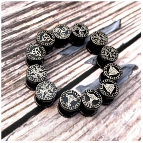 Unisex Stainless Steel Norse Viking Runes Barbell Black Stud Earrings Gift UK - Picture 6 of 21