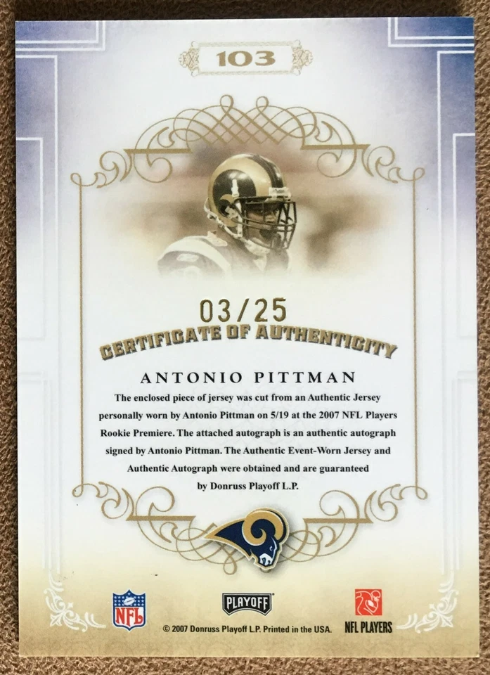 Antonio Pittman 2007 Playoff National Treasures Autograph Patch Gold RC #103 /25 Foto 3 de 4