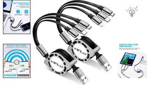 Pack de 2 câbles de charge multi rétractables 4 pieds 3A - Votre solution de chargeur ultime - Photo 2 sur 10