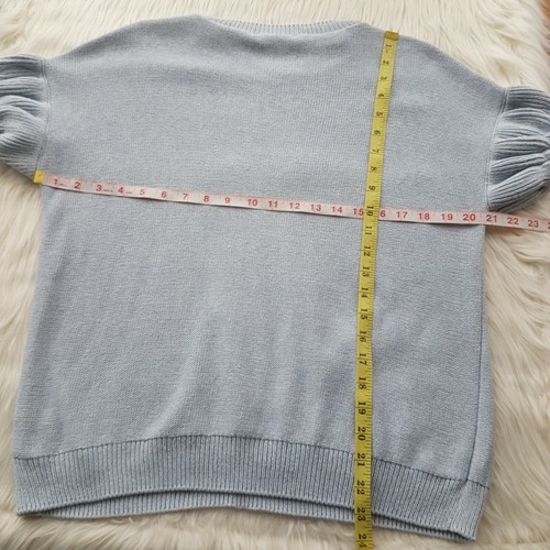 M&S Light Chambray Blue Knit Crochet Top Size 14 Puff Short Sleeve Sweater M - Picture 7 of 7