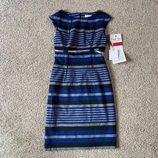 Calvin Klein Printed Lux Lined Sheath Dress Belt Black Blue Gray Stripe Sz 6