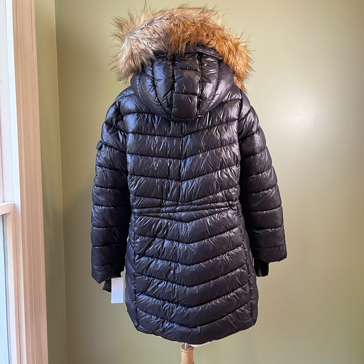 NWT Jessica Simpson Long Hooded Puffer Coat Black Insulated Faux Fur Trim-  SZ XL | eBay