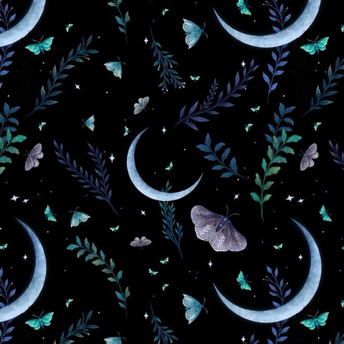 Fat Quarter Blank Jardin De Lune Glow In The Dark Moth Moon 100% Cotton Fabric - Picture 2 of 4