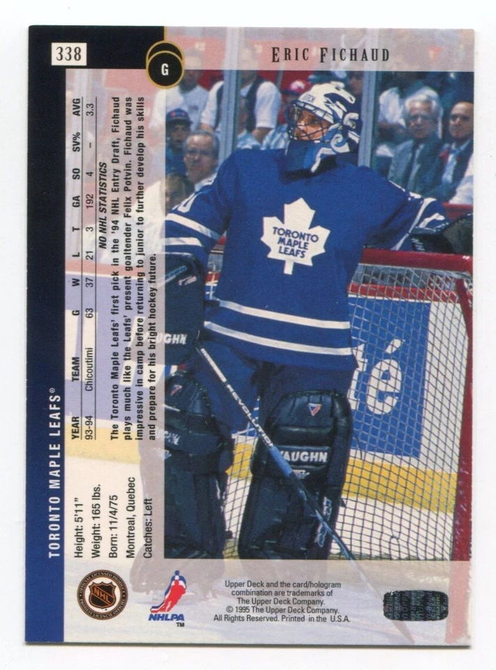 1994-95 Upper Deck Eric Fichaud Signed Card NHL Hockey Autographed AUTO #338 - Image 2 of 2