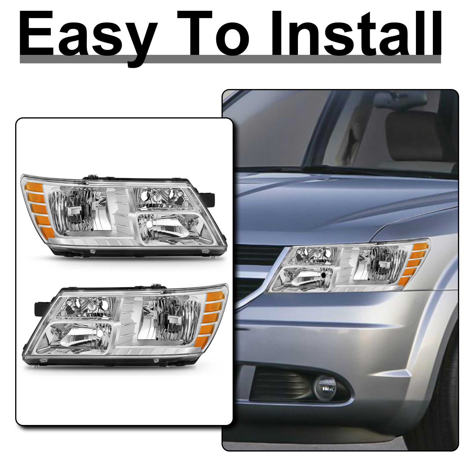 Headlights For 2009-2020 Dodge Journey Chrome Housing Amber Corner Headlamp L+R