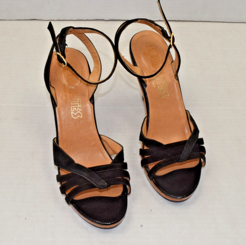 Vintage High Heel Shoes Socialites Size 7.5 90s Strappy Leather Solid Wood Sole - Picture 2 of 9