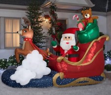 9.5' GEMMY ANIMATED SANTA SLEIGH Airblown Inflatable SANTA WAVES / REINDEER ROCK