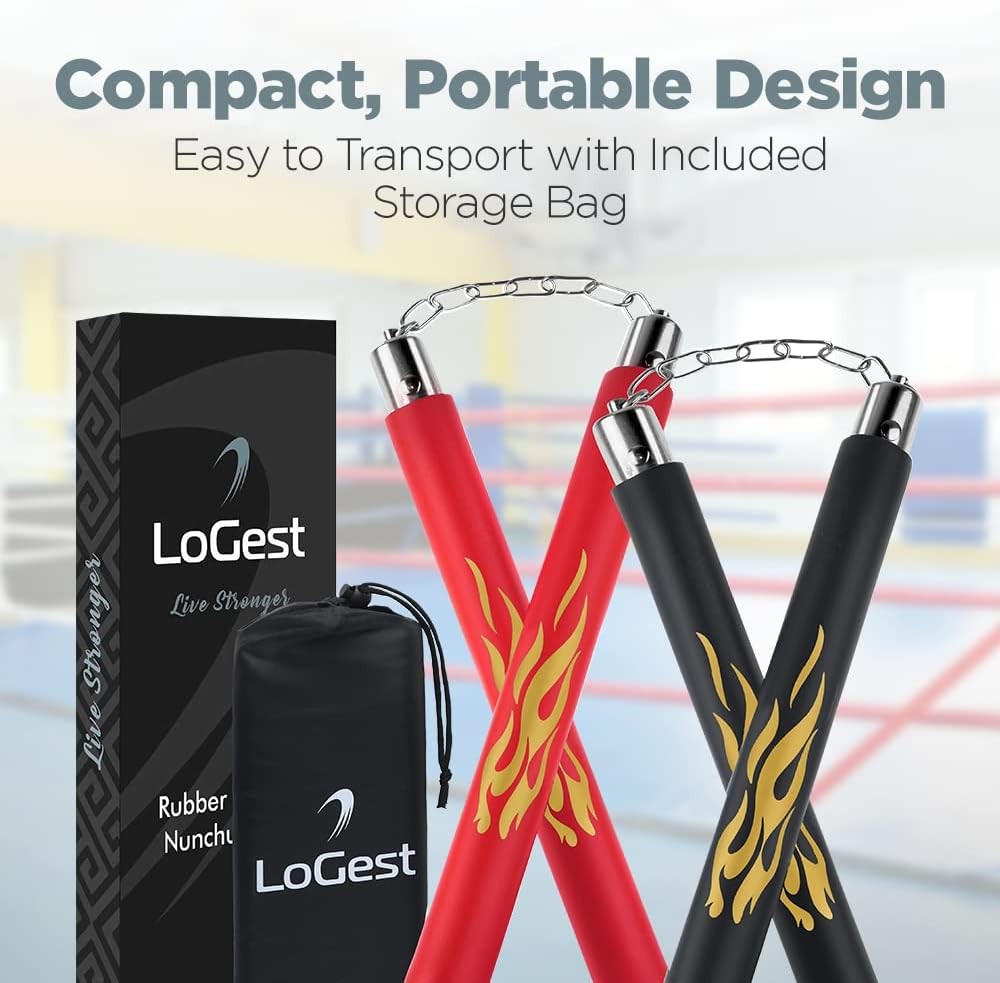 Logest Nunchucks - Pack of 2 with Storage Bag Safe Foam Rubber & Steel Chain Tra