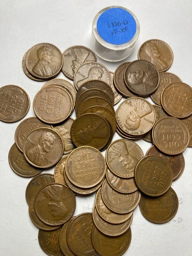 1936-D LINCOLN WHEAT CENT PENNY ROLL, HIGH GRADE, 50 COINS, ALL COINS VF-XF