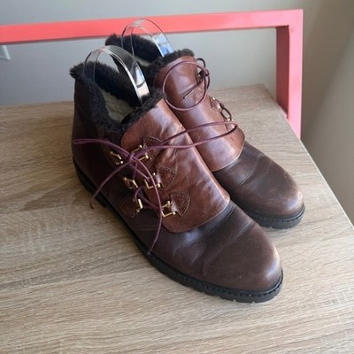 Amica Moda Italian Brown Leather Shearling Lined Alpine Ankle Boots Lug Sole 39