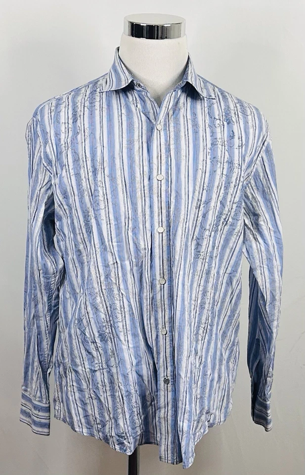 Camisa a Presión Johnston & Murphy XL Calce Ajustado Perla Azul Blanco Paisley Rayas Algodón Foto 2 de 4