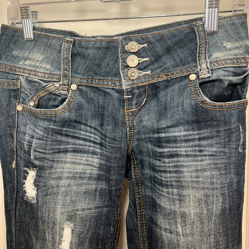 Almost Famous Denim Jeans Skinny Women’s Size 1 Blue Distressed Raw Hem - Picture 2 of 8