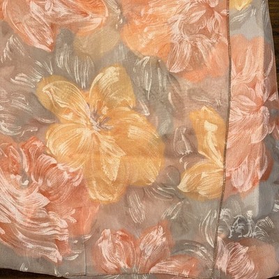 Vintage Silk Chiffon Scarf Peach Coral Peony Floral Taupe Rectangle Rolled Hem