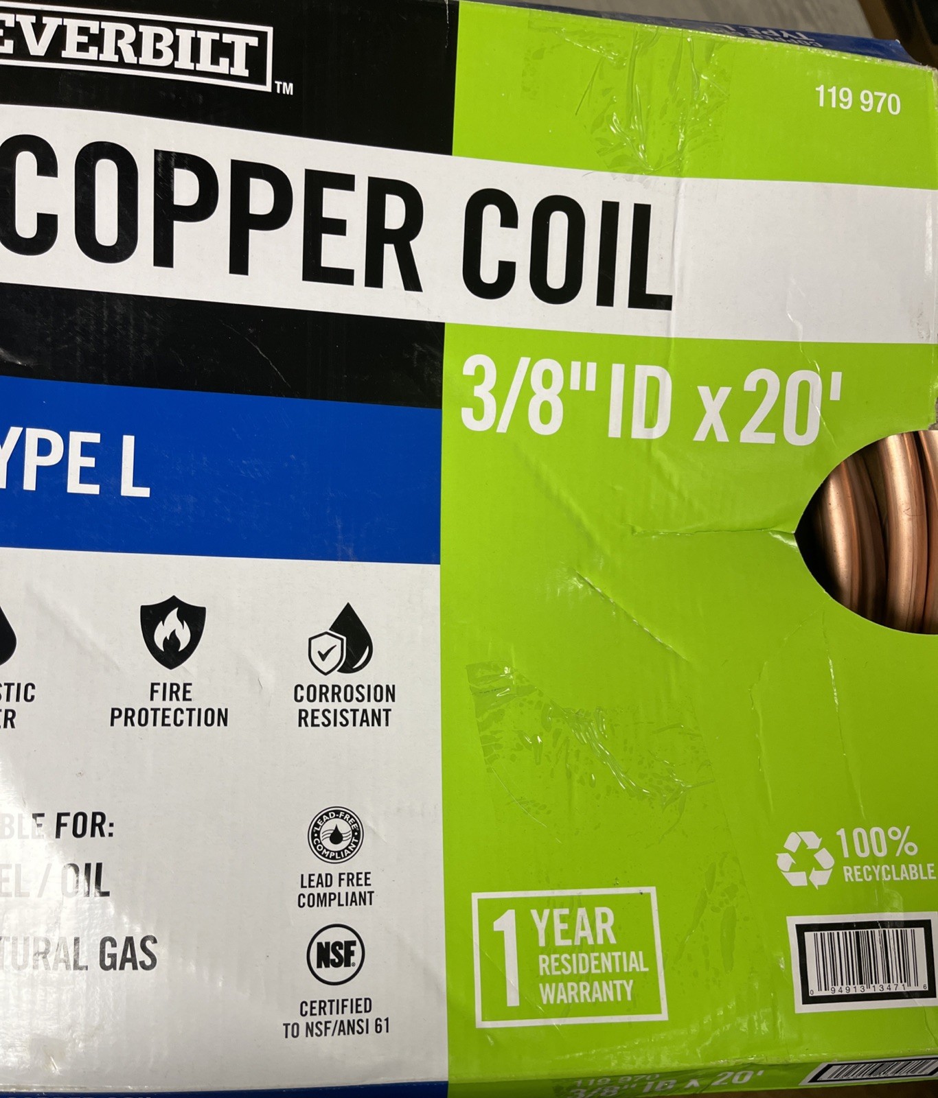 EVERBILT COPPER COIL TUBE TYPE L 3/8" ID x 20' #119-970 CORROSION RESISTANT USA