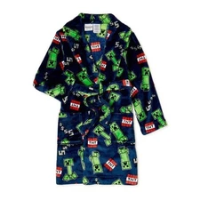 Minecraft Boy's Creeper and TNT Blocks Blue Plush Fleece Bathrobe, Robe