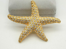 Large Gold Tone Clear Rhinestone Starfish Star Brooch Pin Statement