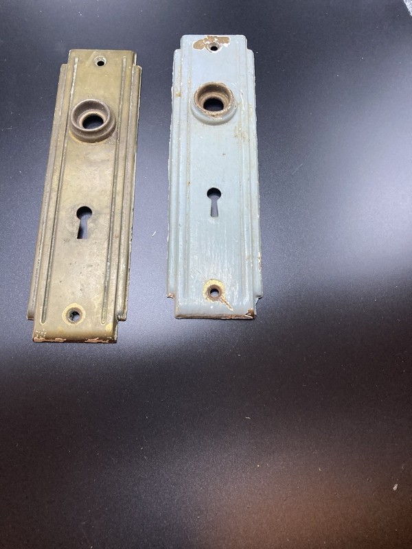 2 Antique Door Lock Back Plates Set/1 Painted Gray 1 Brass-Bronze Tone