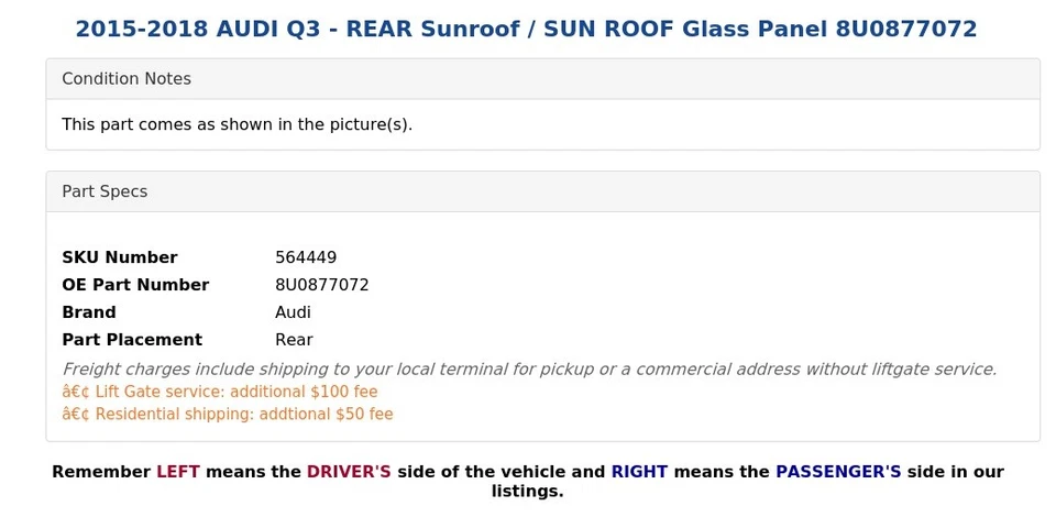 AUDI Q3 2015-2018 - techo corredizo trasero/techo corredizo panel de vidrio 8U0877072 Foto 4 de 4