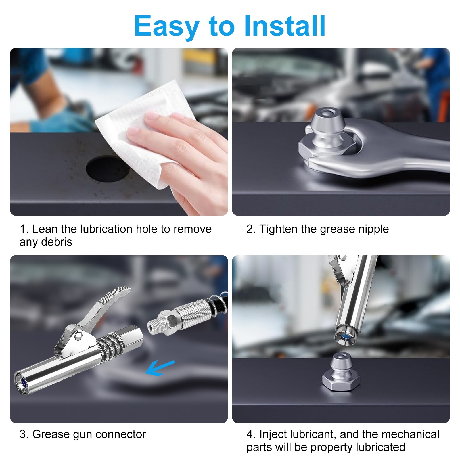 10pcs Grease Gun Accessory Kit Coupler 90° Adapter Needle 12" Flex Hose Fittings