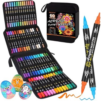 Acrylmarker Set, 60 Farben, Dual Tip, , 0.5-5mm, Holz Glas Stoff