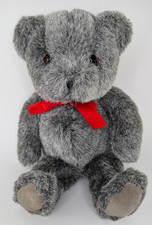 Russ Berrie 13" Plush Tippy Teddy Bear Suede Paws Gray Washable Stuffed Red Bow