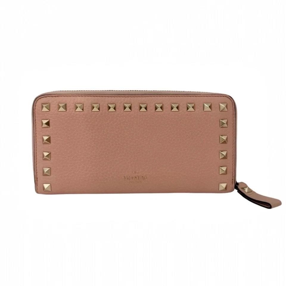 Nuevo Valentino Rockstud Cuero Cremallera Alrededor Cartera Rubor Rosa Foto 2 de 4