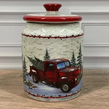 Red Pickup Truck Christmas Tree Vintage Style Ceramic Cookie Jar Canister Lid