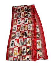 Cat Print Sheer Scarf 60 Inch Length Cat Checkered Pattern Red Border Silky