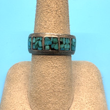 Vintage Southwest Turquoise Inlay Sterling Silver Band Ring 7.4g, Size 7 R7