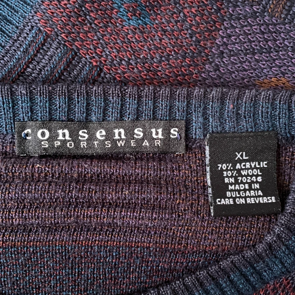 90s Wool Blend Dark Academia Grandpa Sweater Grunge Geometric Jacquard Knit XL - Image 4 of 4