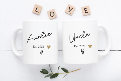 UNIQUEPGIFTS Auntie and Uncle Gifts Personalised Mugs New Baby Pregnancy Reveal ANY YEAR