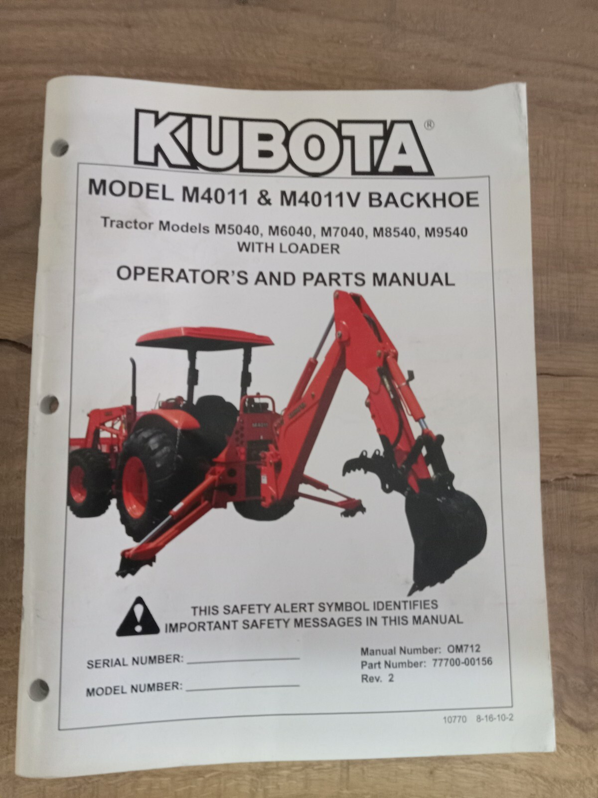 Kubota Backhoe Operator's and Parts Manual Model M4011 M4011V Owner's