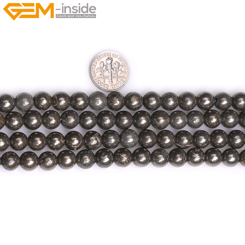15" Natural Gray Pyrite Round Beads - Big Hole Loose Stone Jewellery Craft - Picture 8 of 34