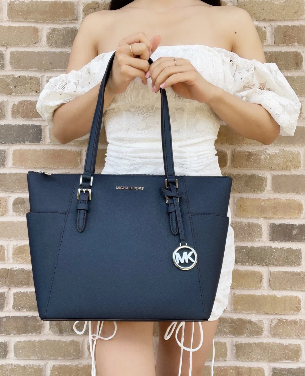 Michael Kors Charlotte Top Zip Tote Shoulder Bag Navy Saffiano Leather